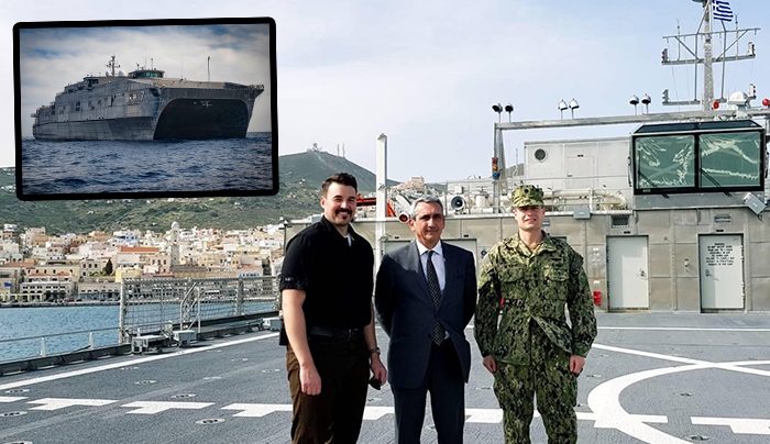 Το μεταγωγικό σκάφος του Αμερικανικού Ναυτικού, USNS Carson City, που ελλιμενίστηκε στη Σύρο, επισκέφθηκε ο Περιφερειάρχης Γιώργος Χατζημάρκος