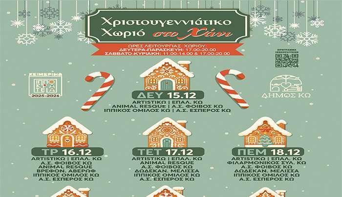 ΔΕΥΤΕΡΑ 15/12/25 έως ΚΥΡΙΑΚΗ 21/12/25 θα λειτουργήσει ΧΡΙΣΤΟΥΓΕΝΝΙΑΤΙΚΟ ΧΩΡΙΟ στο ΙΣΤΟΡΙΚΟ-ΛΑΟΓΡΑΦΙΚΟ ΜΟΥΣΕΙΟ ΚΩ- «ΧΑΝΙ»,